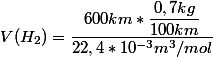 V(H_2)=\dfrac{600km*\dfrac{0,7kg}{100km}}{22,4*10^{-3} m^3/mol}